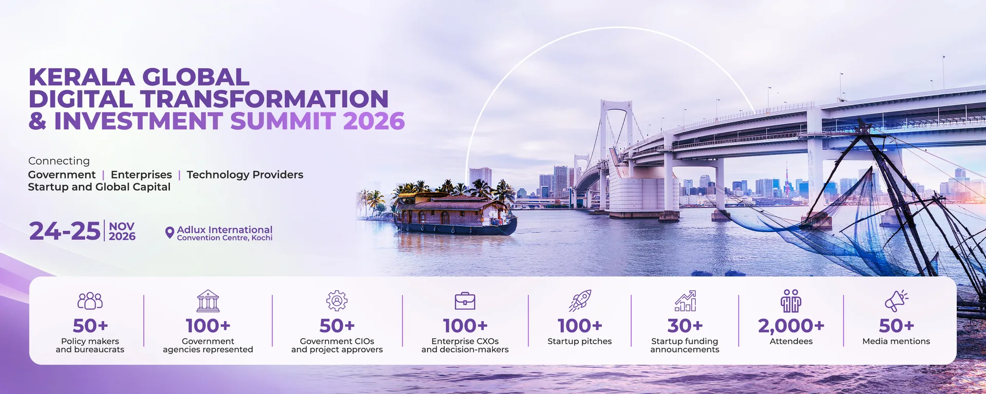 KGDTIS 2026, Kerala Global Digital Transformation & Investment Summit: 24–25 November 2026, Adlux International Convention Centre, Kochi. 2,000+ attendees, 100+ startup pitches and 100+ government agencies.